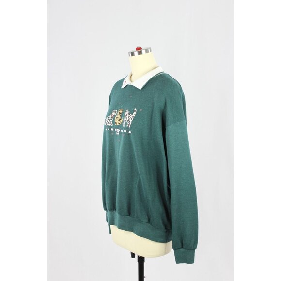 Vintage 90's STYLE STUDIO Dark Green Cat Applique Fleece Sweatshirt, Size L - Picture 4 of 13